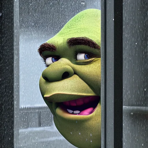 Image similar to Shrek staring at his window, raining reflection, dramatic lighting, headshot, dramatic angle, morbid, depressing, nostalgic, relief, realistic, 4k resolution, 4k, highly detailed, extremely detailed face, extremely sad, 8k, digital art, trending on Artstation