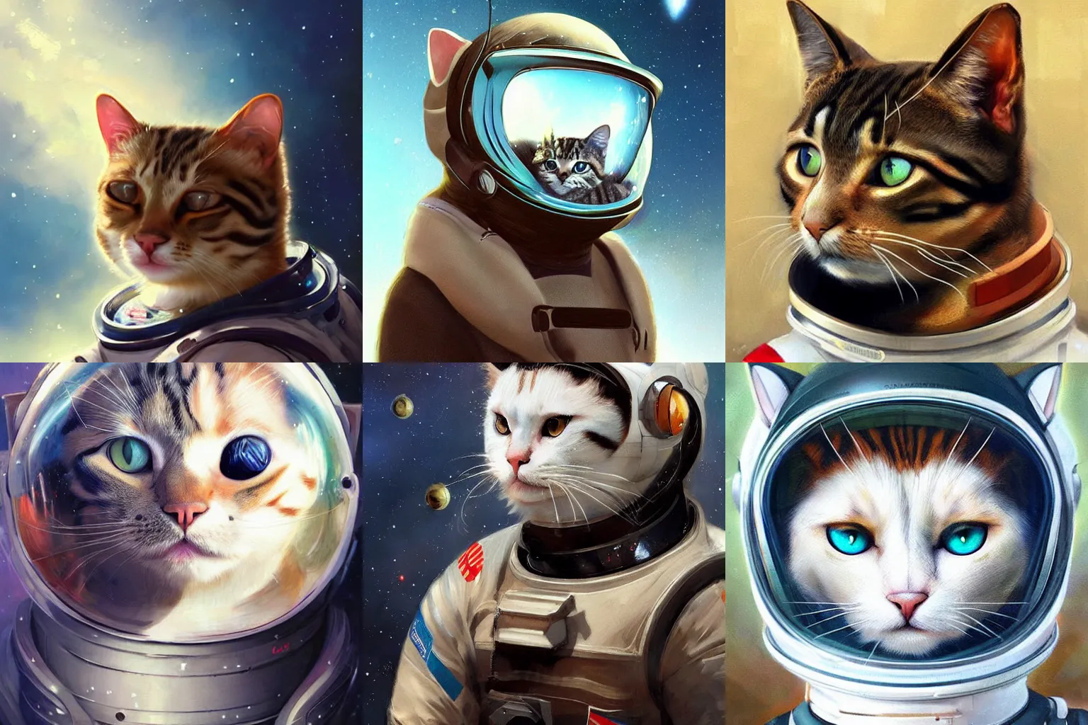 Image similar to head and shoulders masterpiece portrait of a cat wearing a spacesuit, surreal background, digital art by Krenz Cushart, trending on artstation, cgsociety,