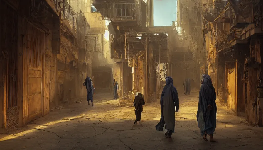 Image similar to old jeddah city alley, roshan, shops, horse, magical glowing time portal, a nomad wearing a worn out coat, plants, kids, dramatic lighting sci fi, by caspar david friedrich by beeple and james gilleard and justin gerard, centered, artstation, smooth, sharp focus, photoreal octane render, 3 d, by jean baptiste monge