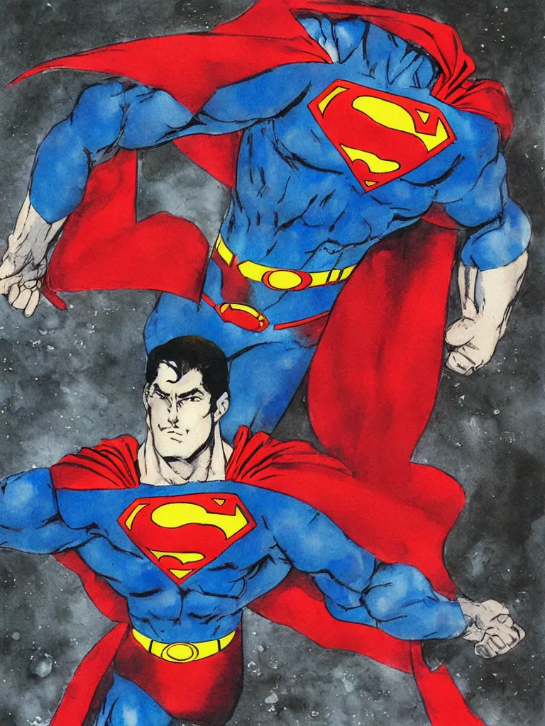 Image similar to a Superman as illustrated by Yoshitaka Amano. 1992. Watercolor and Acrylic on Paper