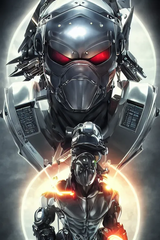 Image similar to cyber cyborg ninja mask helmet metal gear solid artic suit swat commando, global illumination ray tracing hdr fanart arstation by sung choi and eric pfeiffer and gabriel garza and casper konefal, a spectacular view cinematic rays of sunlight comic book illustration, by john kirby