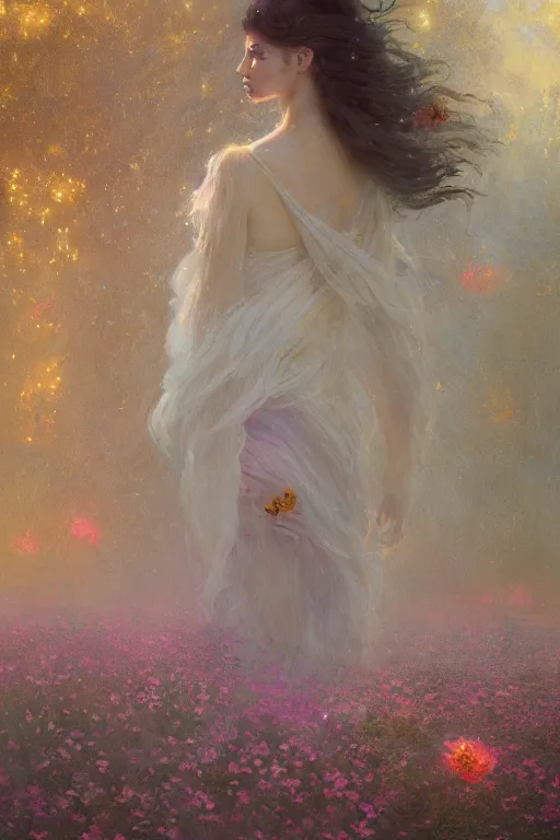 Image similar to a stunning elegant girl made of flowers and golden silks. ethereal horror fantasy art by greg rutkowski and magali villanueve and monet, concept art, smooth, cinematic lighting, 8 k resolution