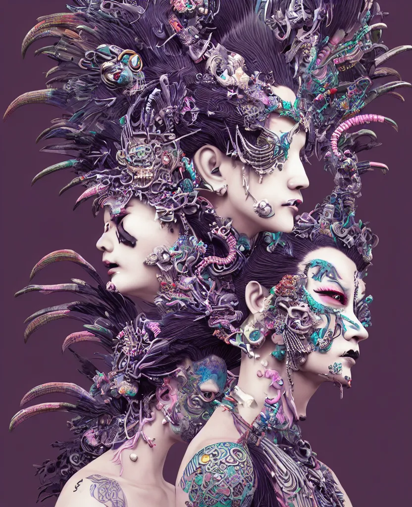 Image similar to 3 d goddess close - up profile portrait punk with mohawk with ram skull. beautiful intricately detailed japanese crow kitsune mask and clasical japanese kimono. betta fish, jellyfish phoenix, bio luminescent, plasma, ice, water, wind, creature, artwork by tooth wu and wlop and beeple and greg rutkowski