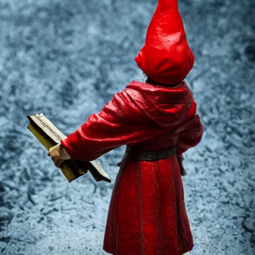 Image similar to 80mm resin model figure female gnome wearing long red coat and holding open spellbook, highly textured, fantasy, D&D, HDR, , natural light, medium close shot, tilt shift, dynamic pose, award winning photograph!, Mucha style