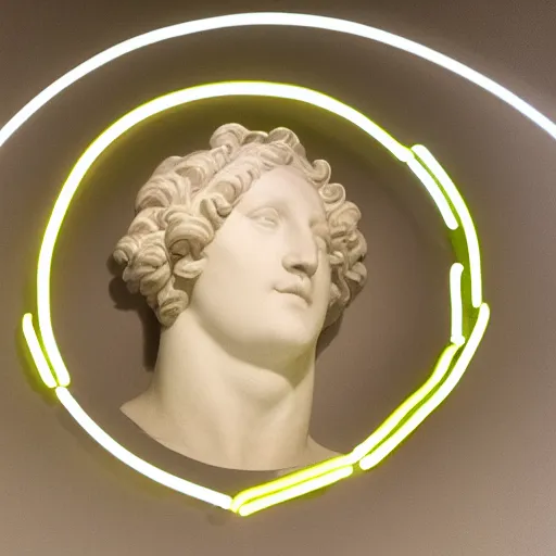 Prompt: a neon circle surrounding the head of a renaissance statue