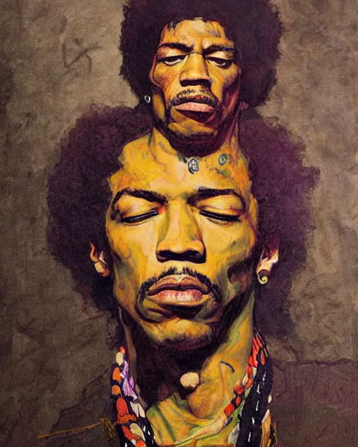 Image similar to portrait of jimi hendrix by greg rutkowski in the style of egon schiele