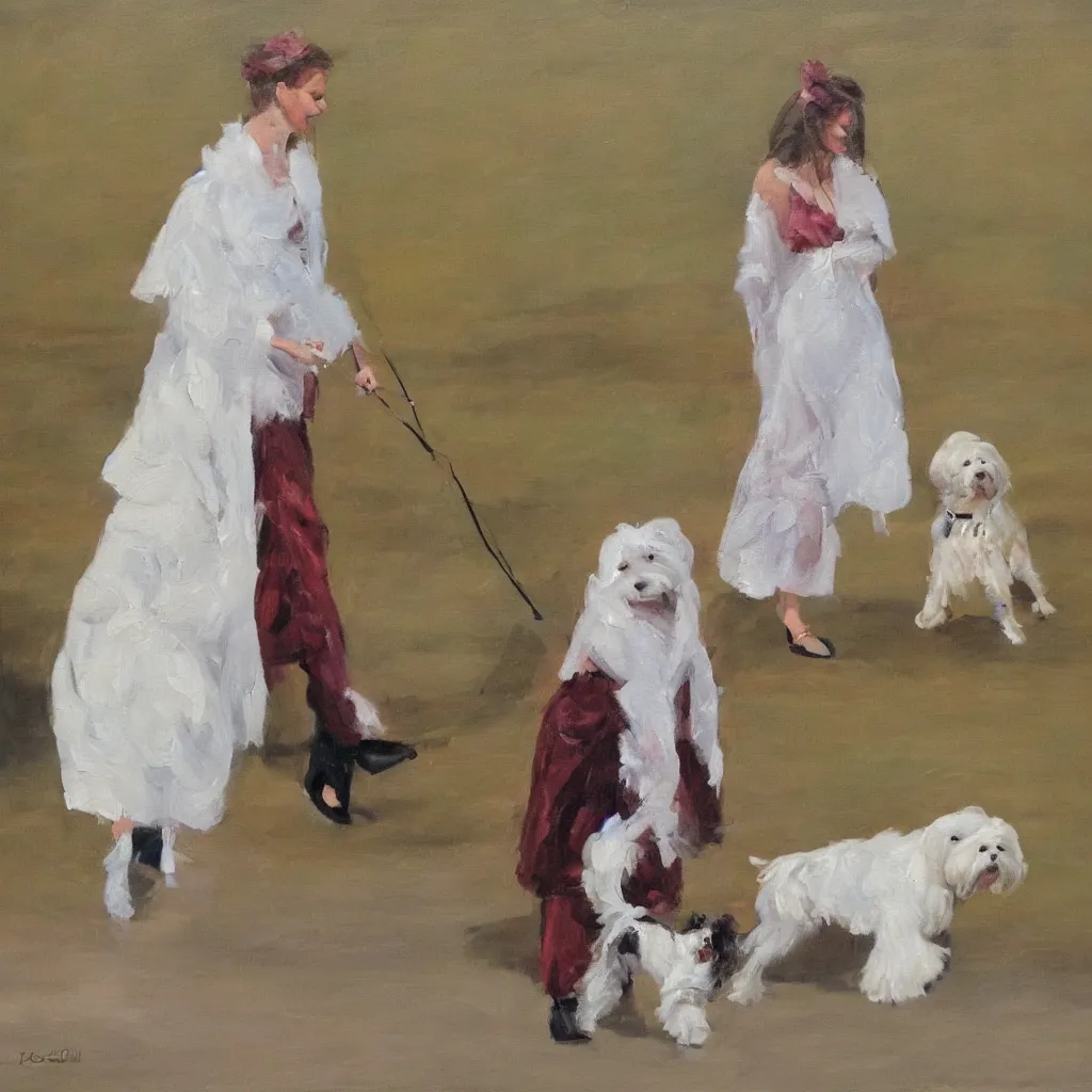 Image similar to A beautiful woman with freckles walking a Maltese Terrier in Buckingham Palace, oil paint on canvas, art,