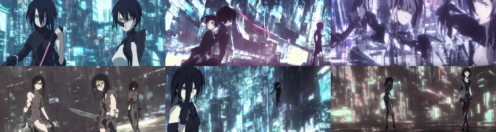 Prompt: Re-L from ergo proxy as a cyberpunk girl with a sword, in a screenshot from the anime film Fighting Techno Ghosts by makoto shinkai