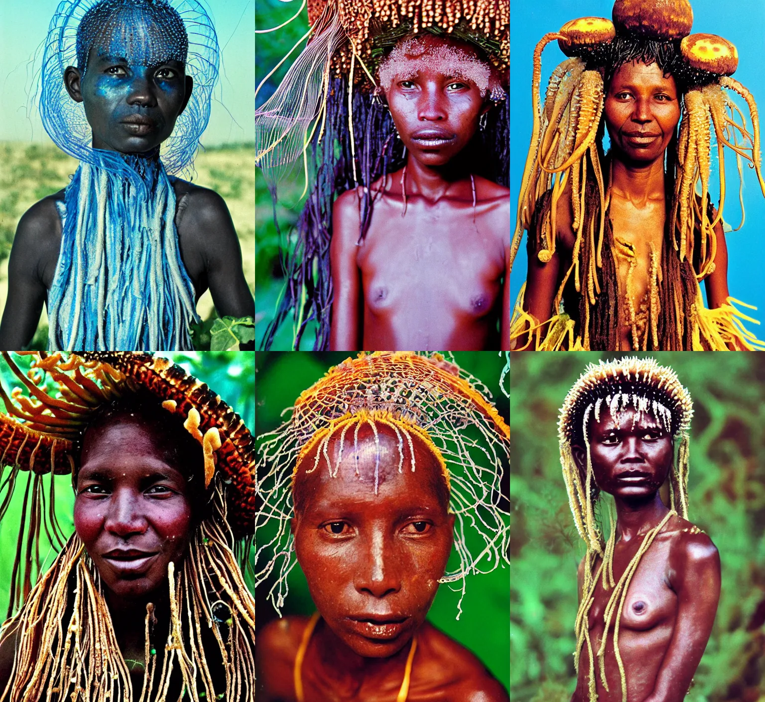 Prompt: portrait photo of the real jellyfish tribe queen from Haiti, full color magazine article by National Geographic (1998)