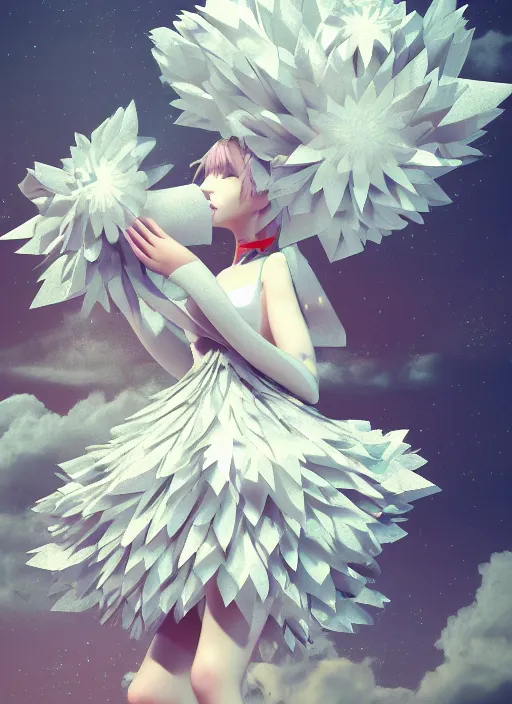 Image similar to background edge of space with puffy clouds are dusk, 🍆🌈♥ anthropomorphic paper woman wrapped in a flowing couture tissue paper, paper chrysanthemums, many origami stars, eery light, 3 d, very detailed, octane render, trending artstation, artgem