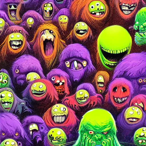 Image similar to an army of differnt tennis ball monsters, colorful, digital art, fantasy, magic, chalk, trending on artstation, ultra detailed, professional illustration by basil gogos