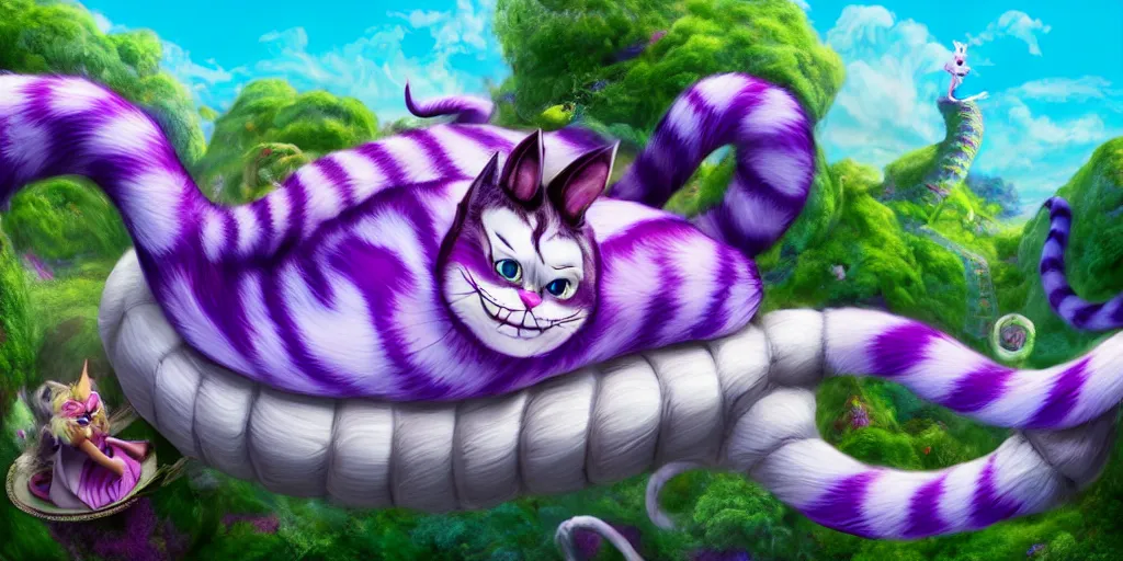 Image similar to The Cheshire Cat, Alice in wonderland, colorful, wide angle, super highly detailed, professional digital painting, artstation, concept art, smooth, sharp focus, no blur, no dof, extreme illustration, Unreal Engine 5, Photorealism, HD quality, 8k resolution, cinema 4d, 3D, beautiful, cinematic, art by artgerm and greg rutkowski and alphonse mucha and loish and WLOP