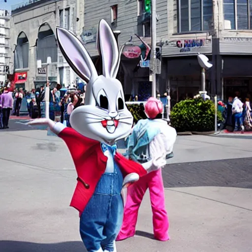 Image similar to bugs bunny 2040s street performer