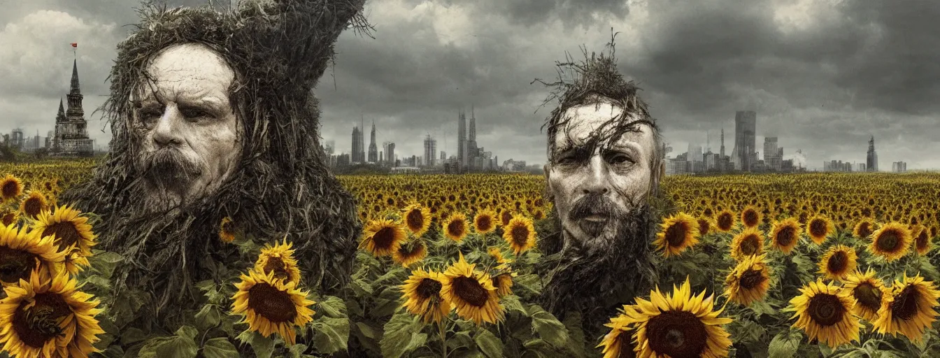 Image similar to old soldiers head being overgrown by sunflowers, Minsk and Moscow in background, dark, eerie, despair, portrait photography, artstation, digital art, adward winning, concept art, artstation, highly detailed, sharp focus, by caravaggio