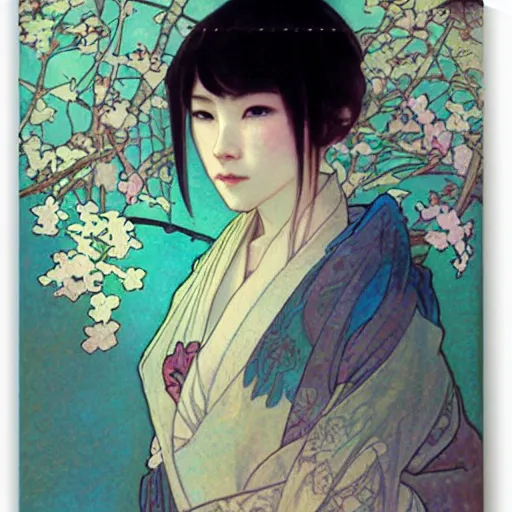 Image similar to portrait of pink short haired samurai girl with a coat and bandages on chest, by wlop and ross tran alphonse mucha