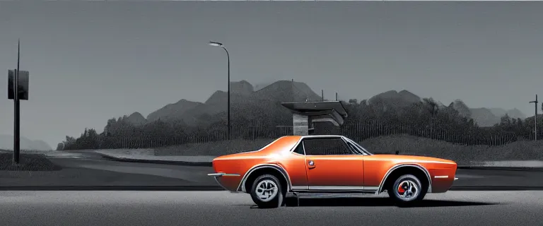 Prompt: black audi camaro b 1 ( 1 9 6 7 ) with stripes, establishing shot, by simon stalenhag