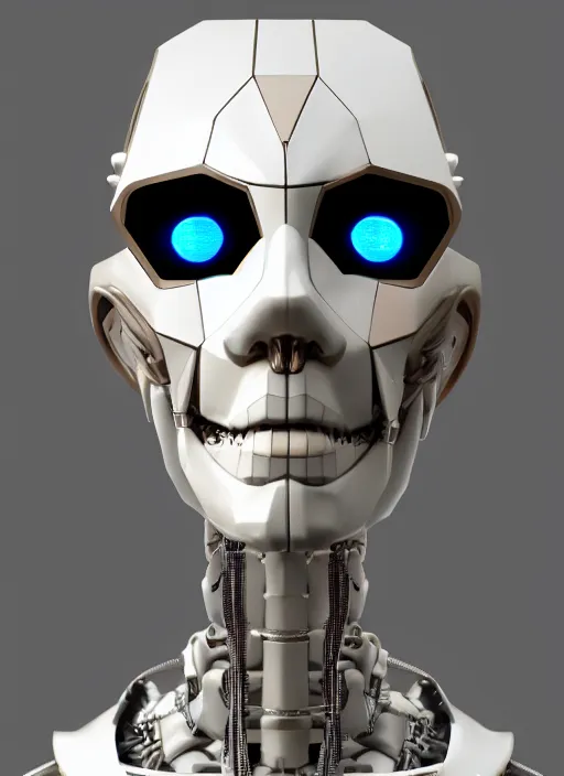 Prompt: angled facial portrait of a cyberpunk bone ceramic caliente humanoid robot Brasileiro with an attractive face and handsome features, large white glowing eyes, macho, piroca, dotado, guapo, reflective surface, trending on cgsociety, trending on artstation