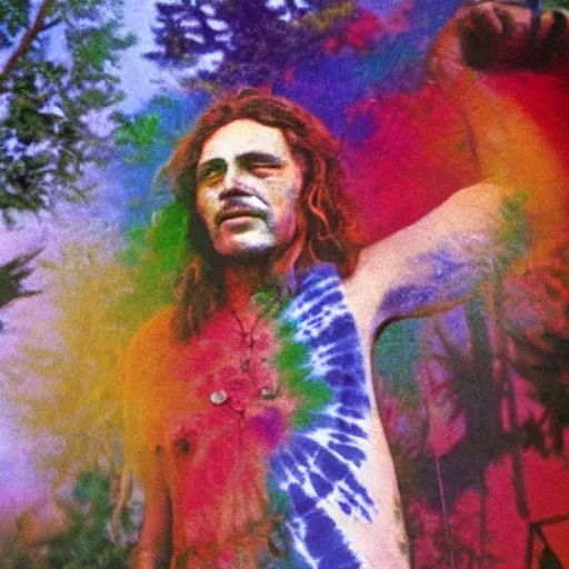 Prompt: an oil painting of a hippy in tie-dye at woodstock 1969, natural colours, character photography, Exquisite detail, post-processing, masterpiece