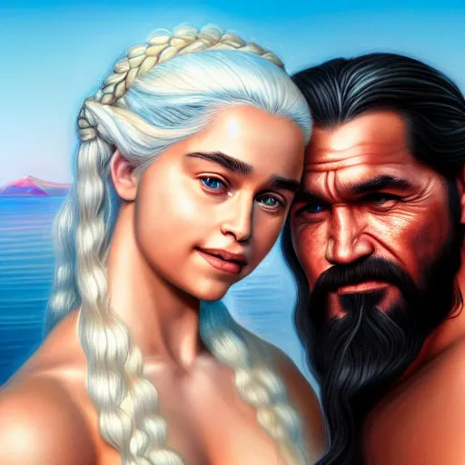 Image similar to beautiful serene intricate portrait of daenerys targaryen and khal drogo taking a selfie, smiling softly, relaxing on the beach, golden hour, soft focus, 8 k, art by irakli nadar, hyperrealism, hyperdetailed, ultra realistic
