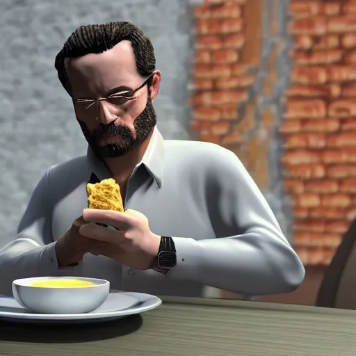 Image similar to jc denton from deus ex eats cereal at a table, liberty island, high quality, photorealistic, highly detailed face, smooth, sharp focus, 4 k, hd