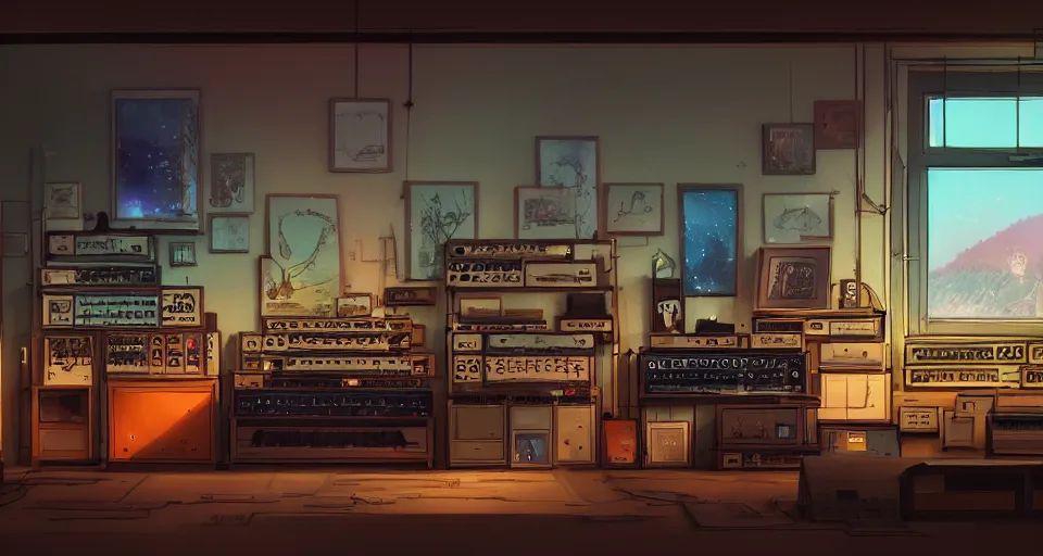 Image similar to a shelf of amazing synthesizers, cinematic lighting, detailed, beautiful colors, by greg rutowski and studio ghibli