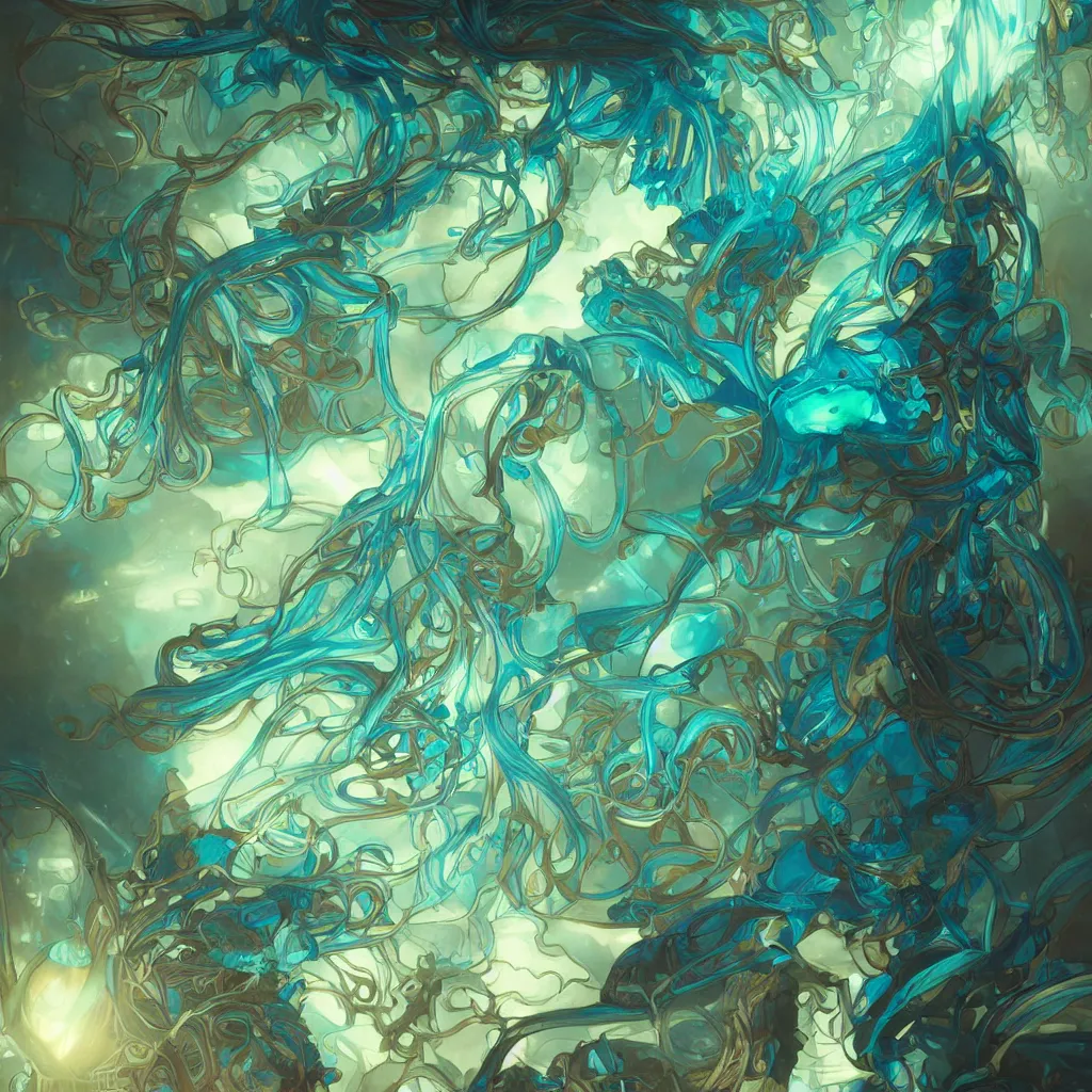 Image similar to rich blue and green and aqua and teal fungus monsters by artgerm and beksinki, red veins by alphonse mucha, intense lighting, light beams, lens flare, intricate, elegant, nightmare, highly detailed, digital painting, artstation, concept art, smooth, sharp focus, illustration