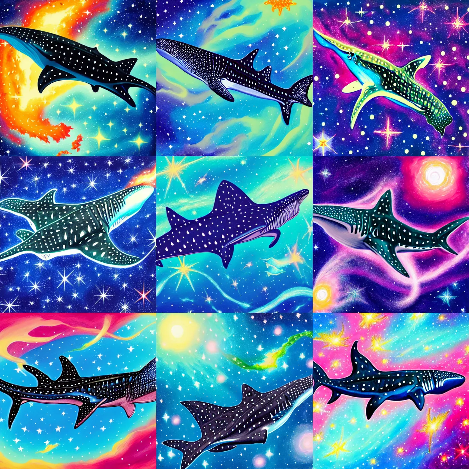 Image similar to gouache painting of a whale shark flying through a swirling, luminous nebula, elegant, ultra detailed, gouache illustration of whale - shark floating through a colorful nebula