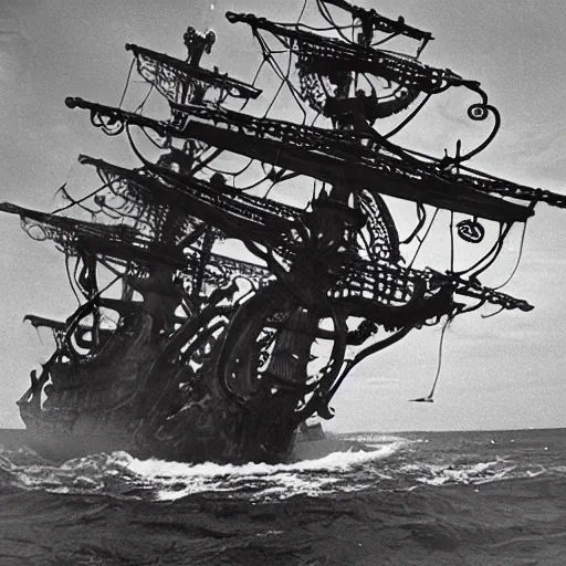 Image similar to an impossibly huge pirate ship, being attacked by a kraken, giant tentacles. 1980s photograph