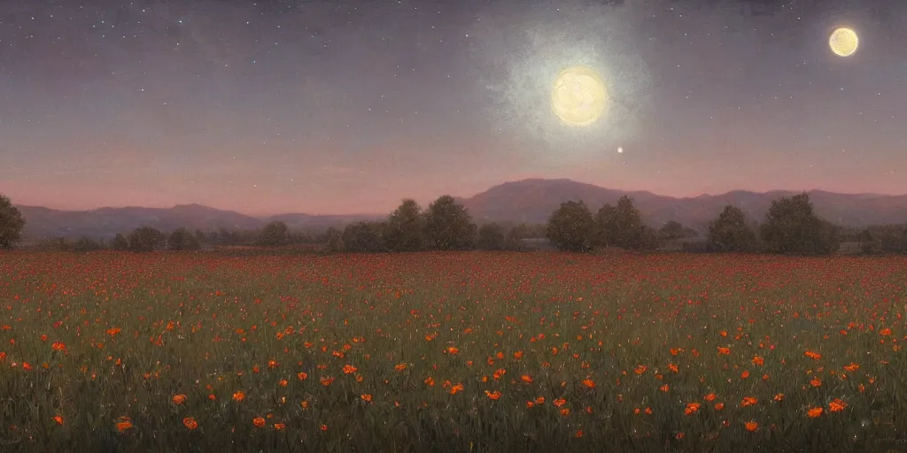 Prompt: field of flowers at night, lit by moonlight, grand landscape art by donato giancola and greg rutkowski, vintage retro, digital art, trending on artstation, symmetry!!, epic composition