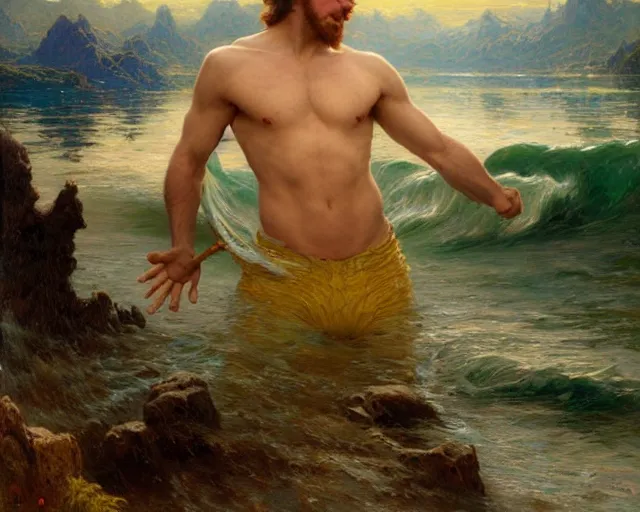 Image similar to attractive male wizard casting powerful wave water spell in a beautiful lake. highly detailed painting by gaston bussiere, craig mullins, j. c. leyendecker 8 k