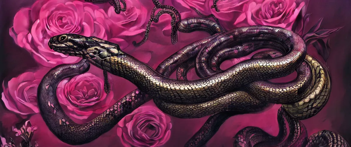 Prompt: hyperrealistic hyper detailed neo-surreal 35mm portrait of cyborg snake covered in gothic flowers matte painting concept art hannah yata dali very dramatic dark pink lighting low angle hd 8k sharp shallow depth of field