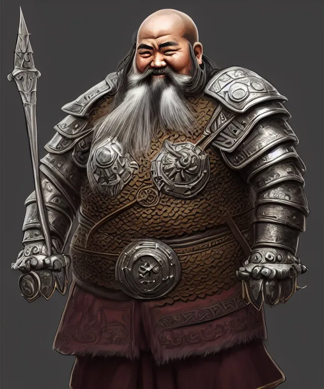 Image similar to 3D stylised render from zbrush of old mongolian dwarven general portrait, armored, full body, dynamic pose, long hair, moustache, goatee, fantasy, simplified, exaggerated, highly detailed, digital painting, artstation, concept art, smooth, sharp focus, illustration, art by artgerm and greg rutkowski and alphonse mucha, in style of wold of warcraft