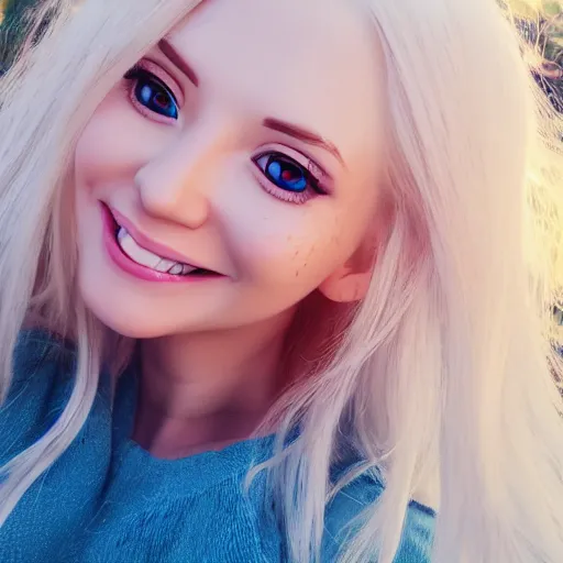 Image similar to beautiful hyperrealism selfie of a cute 3 d anime young woman smiling smugly, long light platinum blonde hair, flushed face, heart - shaped face, cute freckles, light blue eyes, golden hour, 8 k, instagram