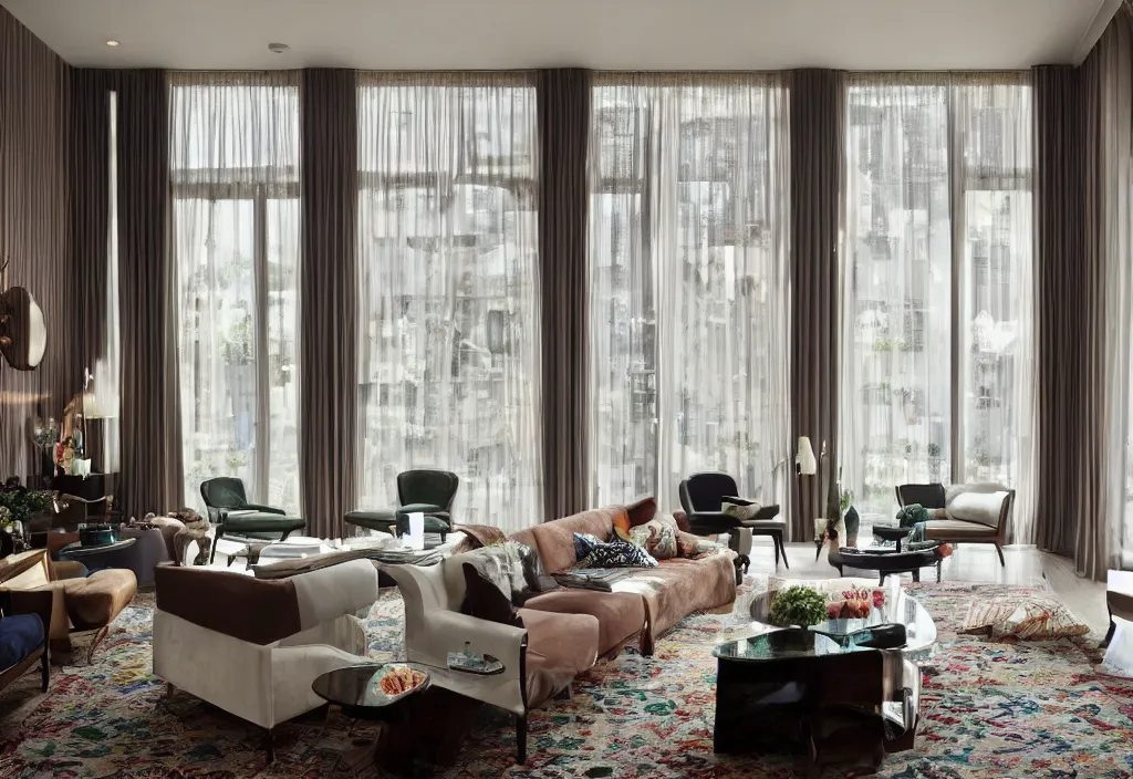 Image similar to a living room, modern interior design, residential design, floor - to - ceiling windows, by india mahdavi and henri matisse, trending ，