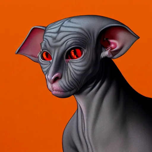 Image similar to A hairless sphinx cat with three red eyes and mysterious lighting, award winning, artstation trending, 8K