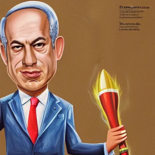 Prompt: a realistic portrait of benjamin Netanyahu holding a rocket missle, Vogue magazine, detailed face, highly detailed
