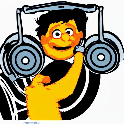 Prompt: svg sticker of a Pop-Wonder Bert&Ernie, Sesame-Street, at a rave, spinning records, giant headphones rocking out, wearing headphones, huge speakers, dancing, rave, DJ, spinning records, digital art, amazing composition, rule-of-thirds, award-winning, trending on artstation, featured on deviantart