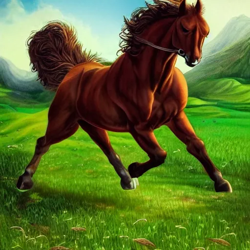 Image similar to brown centaur running through lush green fields, fantasy art