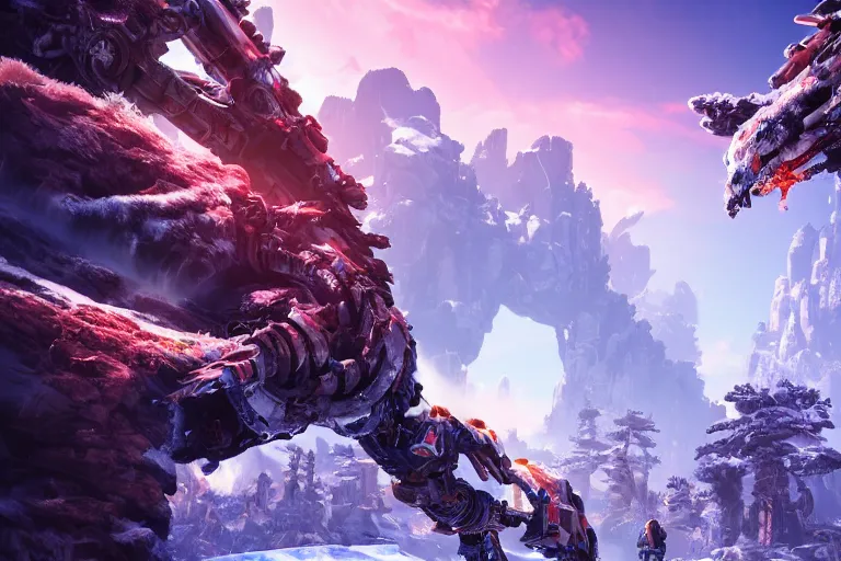 Image similar to frostclaw machine mecanical creature robot of horizon forbidden west horizon zero dawn radiating a glowing aura global illumination ray tracing hdr fanart arstation by ian pesty and alena aenami artworks in 4 k