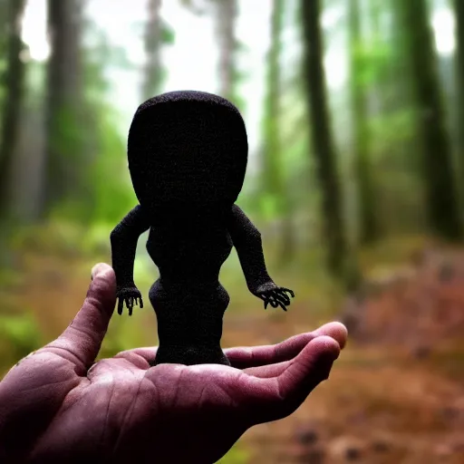 Prompt: dark humanoid figure holding crescent in hand, forest location, dark atmosphere