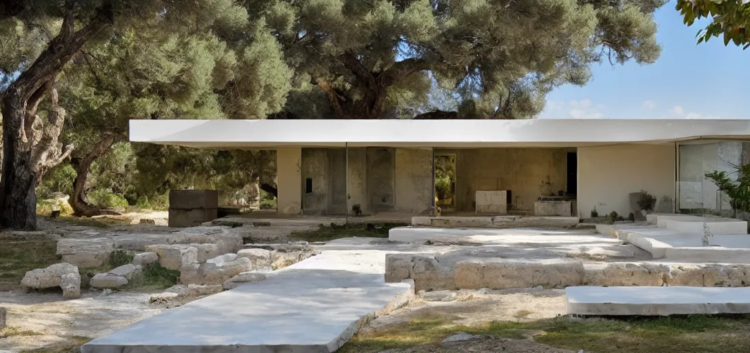 Image similar to a midcentury house in ancient greece.