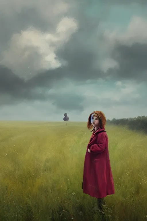 Image similar to portrait, enormous thistle flower head, girl wearing a coat in field, surreal photography, wind, cloudy sky, dramatic light, impressionist painting, digital painting, artstation, simon stalenhag