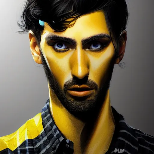 Image similar to ultra realistic illustration, man with black hair, in a checkered yellow and black shirt, with blue eyes, highly detailed, digital painting, artstation, concept art, smooth, sharp focus, illustration