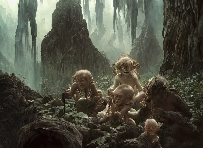 Image similar to a dramatic highly detailed render of Gollum family , Middle-earth , by WLOP and Artgerm and Greg Rutkowski and Alphonse Mucha, Beautiful dynamic dramatic dark moody lighting, shadows, cinematic atmosphere, Artstation, concept design art, Octane render, 8K, masterpiece, sharp focus, hyperrealistic