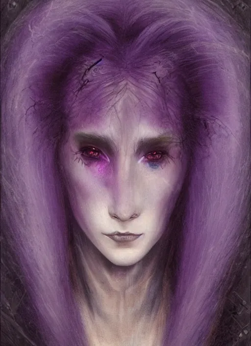 Image similar to portrait of young female sorceress of the endtimes, transluscent skin, lavender hair, beautiful! coherent! dungeons and dragons character, by brian froud, strong line, cool night color, high contrast