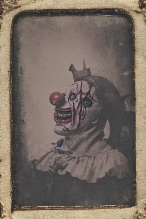 Prompt: faded daguerreotype portrait of disturbing haunted demonic abomination clown body horror