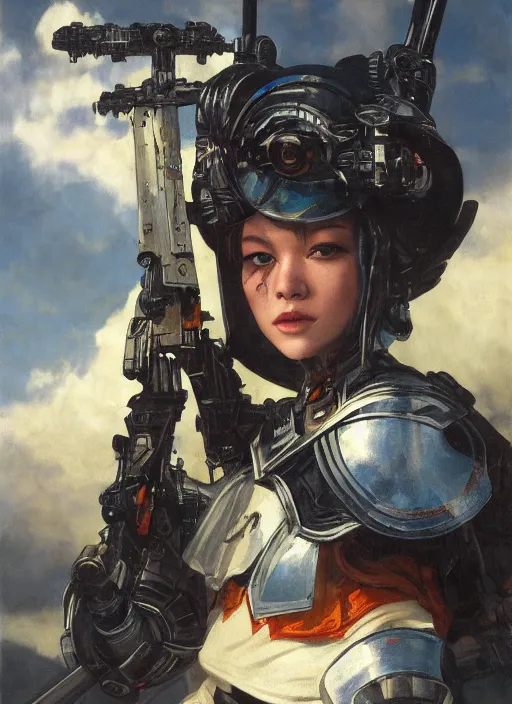 Prompt: symmetry! closeup portrait of a beautiful biblical diabolical samurai girl holding a rifle, cyborg armor, in clouds, cinematic studio light, windy, sunrise, by gerald brom, by mikhail vrubel, by peter elson, muted colors, extreme detail, trending on artstation, 8 k