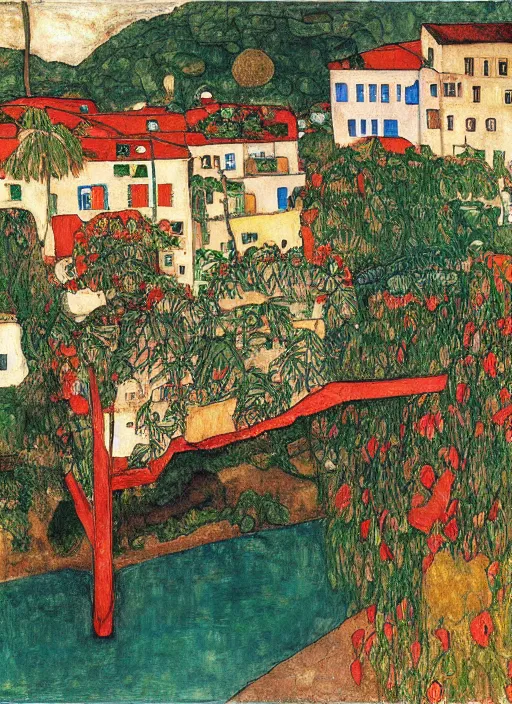 Image similar to tied bridge on local river, 3 boat in river, 2 number house near a lot of palm and eucalyptus and bougainvillea, summer, painting by egon schiele