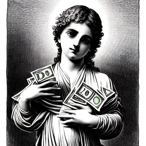 Image similar to lil baby holding stacks of cash, biblical image, style of gustave dore, highly detailed, beautiful, high contrast, black and white