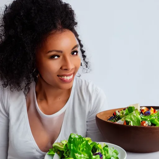 Image similar to extremely detailed professional photo, studio lighting, woman with bowl of salad